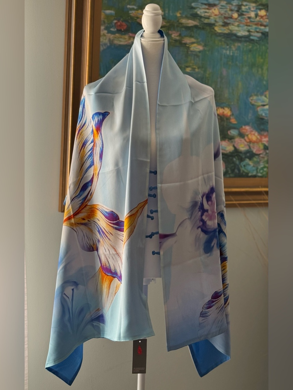 Chinese Silk Scarf with Orchid Print by Saint Joy - NWT, box, and gift bag - Picture 2 of 15